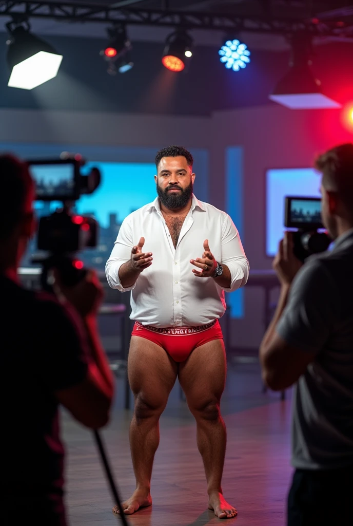 There is a burly, bearded Puerto Rican man in a white dress shirt, red underwear, Bulge, bulge, looking at a cameraman in front of him, gesturing, in a TV news, in a large journalism studio of a TV channel.