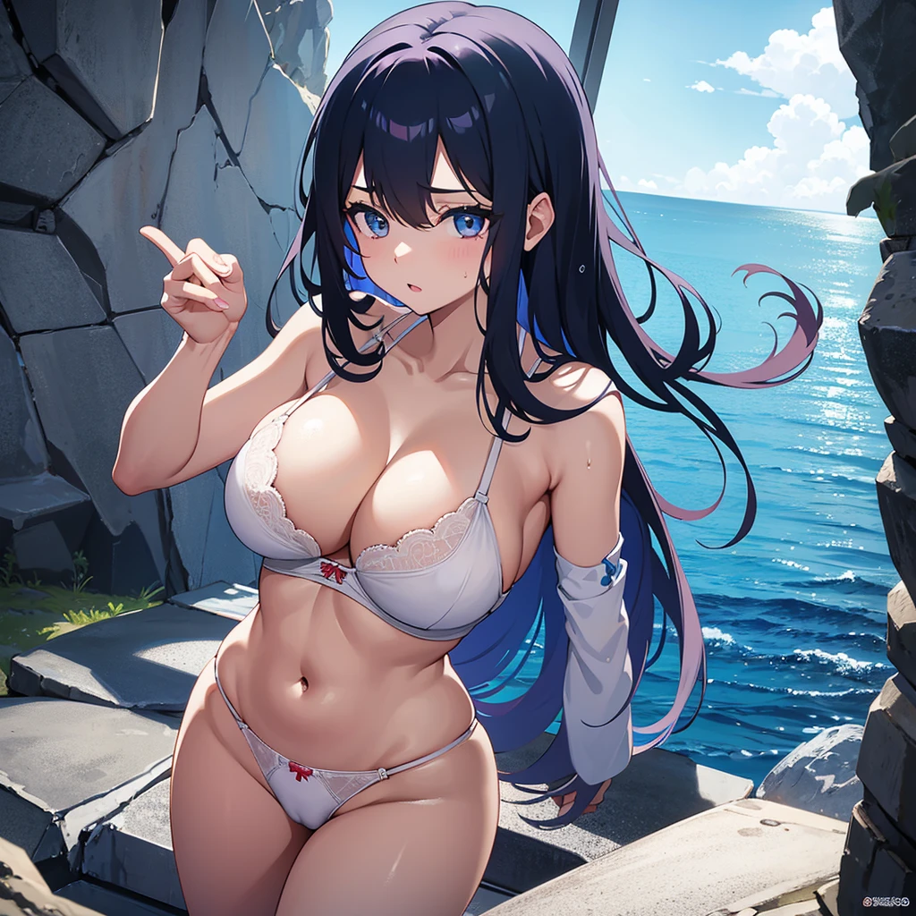 Nino:Blue long hair,She has big breasts and is wearing tight, wet white panties and a tight, wet black bra.,she is standing putting her fingers inside her vagina,Anime 8k