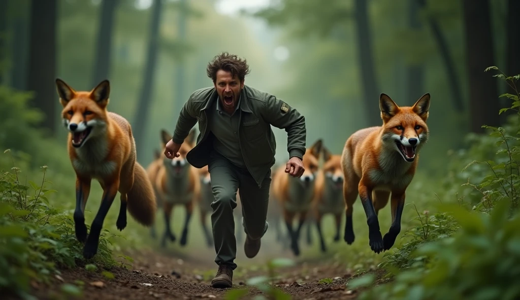 There is a shadow、Photorealistic、Ultra HD、A man is being chased by 20 foxes、The man has an angry look、The man has his mouth open、The fox is behind the man、Front view、The background is a forest