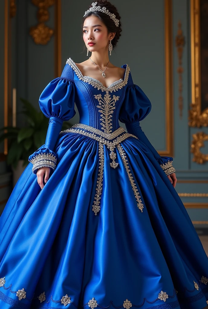 Striking blue imperial dress with lace, embroideries, pearls and gemstones. Voluminous skirt supported by a petticoat. defined waist, puff sleeves, and cut into heart or square