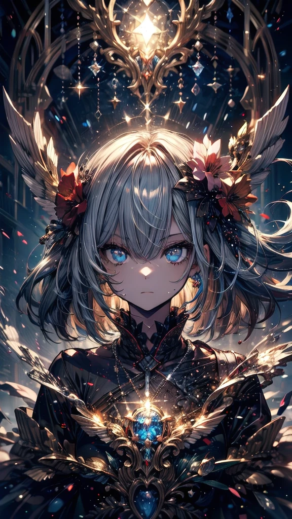 (Highest quality),(masterpiece), 8k,Very detailed, Detailed light, Best Shadow,Detailed reflective eyes, Beautiful Eyes, Very detailedな顔,Shiny Hair,one person,Gloss,semilong,redeyes,Gray Hair,enchanting,Expressionless,Quiet anger,full moon,hair ornaments,whole body,front,fan,darkness,face is dirty for painting,Dynamic Angle,