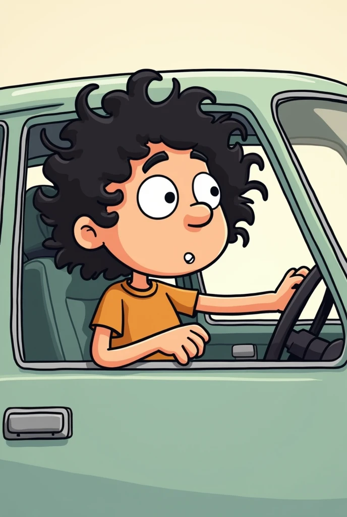 chat, using Diary of a Wimpy ??? as a reference, Por favor, draw a picture of a man with curly hair down to his ears driving
