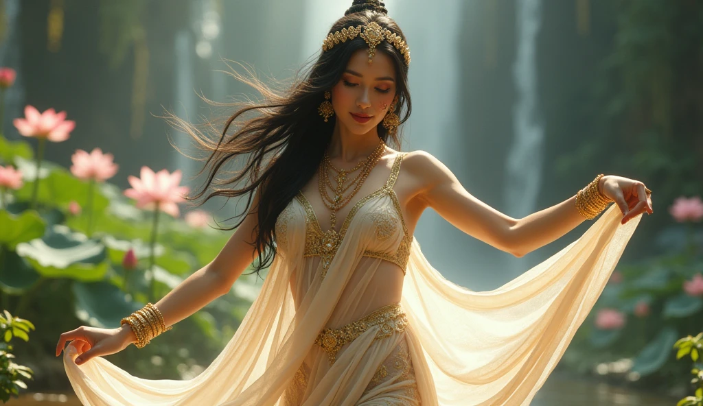 Create an ultra-realistic image of an Apsara, the celestial nymph of Hindu and Buddhist mythology, exuding unparalleled beauty and sensuality. The Apsara is depicted as a mesmerizing figure, with flawless, radiant skin that glows softly under the light. Her body is slender and perfectly proportioned, except for her breasts, which are bigger than the rest of her body., with graceful curves that embody femininity and allure. She has a small waist that accentuates her hourglass figure, and her posture is elegant, with every movement reflecting her divine grace.
Her long, flowing hair is jet black, cascading in soft waves down her back, almost touching the ground. Her eyes are large and almond-shaped, with a deep, captivating gaze that seems to hold the secrets of the universe. The eyes are a rich brown, with hints of gold that flicker in the light, adding to her otherworldly charm. Her lips are full and naturally rosy, slightly parted in a seductive smile that promises both mystery and enchantment.
The Apsara is dressed in delicate, flowing garments made of sheer, shimmering fabrics that clings to her body, revealing her smooth skin and highlighting her sensual curves. The fabric is adorned with intricate gold patterns, reflecting the light and adding to her ethereal presence. She is adorned with elaborate jewelry, including golden bangles, anklets, and a tiara that crowns her head, each piece finely crafted and sparkling with gemstones.
She dances gracefully in a celestial garden, surrounded by blooming lotus flowers and a backdrop of cascading waterfalls. Her movements are fluid and hypnotic, as if she is one with the rhythm of the universe. The scene exudes an atmosphere of divine beauty, allure, and irresistible seduction, capturing the essence of an Apsara in all her heavenly splendor