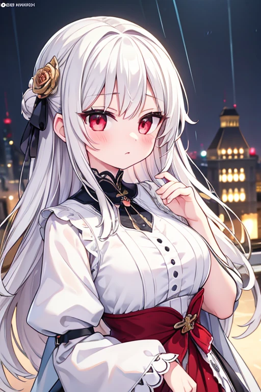 masterpiece, Highest quality, Very detailed, Lightning in the movie, Intricate details, High resolution, Official Art, Beautifully detailed face and eyes, High resolutionのイラスト, 8k, Depth of written boundary, Bokeh, alone, One girl, A girl with white hair and red eyes, Long white hair, Beautiful red eyes, Beautiful Landscape, Rainy Town, Upper Body, View your viewers, close