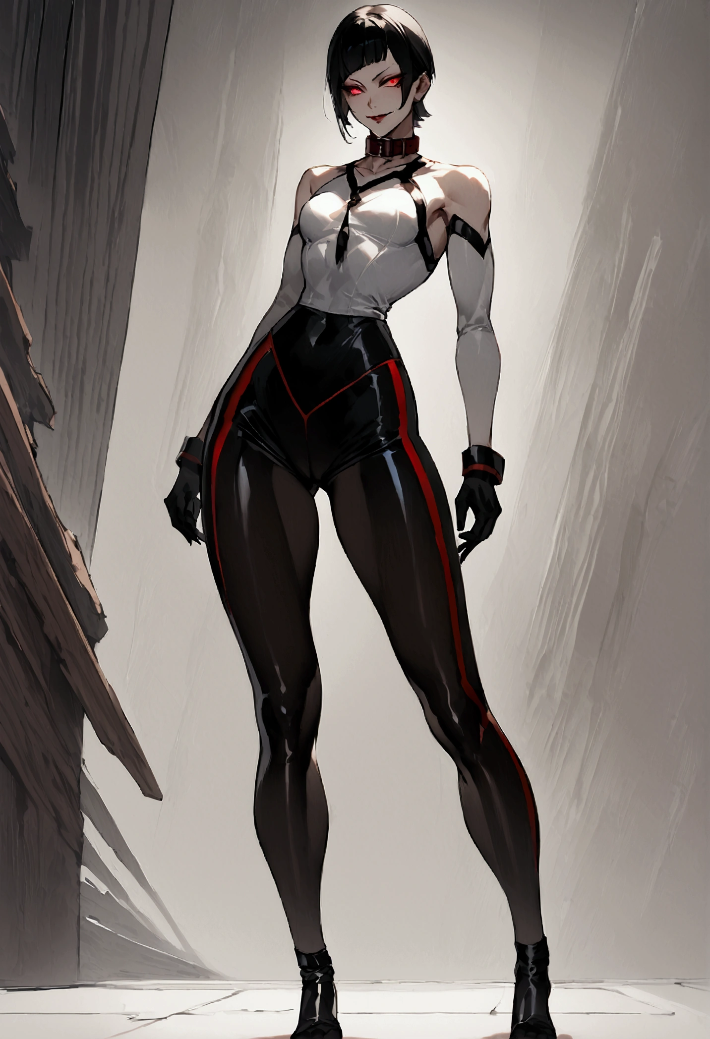 fully body,standing,alone,short hair,work of art,face detailed,young fitness linda,Wearing black hose,tightter with collar ,neckleace,evil smile,red eyes glowing,labiaa,eye shadogs on the eyes,black gloves