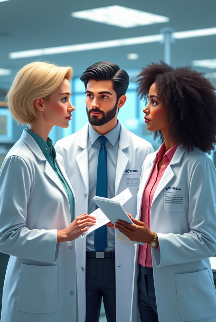 Three people are in the lab standing, all are wearing lab coats that is written Novonesis. One of them is early 60s woman, blonde short size hair and she is the auditor, holding documents, checklist in her hand. One auditee is at early white 30s man handsome with dark hair, beard and blue eyes, other auditte is middle early 40s white woman with mid sized dark curly hair, hair not binded. All three's faces are visible and look real people from pictures. They are in a company called Novonesis. They are talking to each other not looking at the camera. They look relaxed, not too serious.