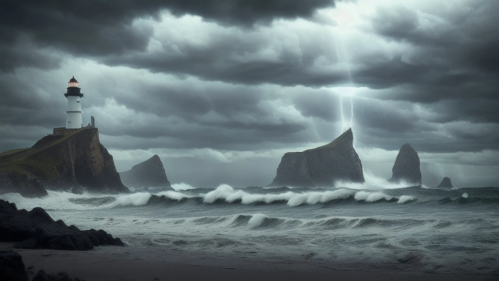 "A dramatic seascape with powerful waves crashing against rugged cliffs, and a lone lighthouse standing tall at the edge. The sky is dark and tumultuous with storm clouds, but a ray of light from the lighthouse cuts through the darkness, symbolizing hope and guidance. The scene captures the essence of resilience and bravery in the face of adversity."