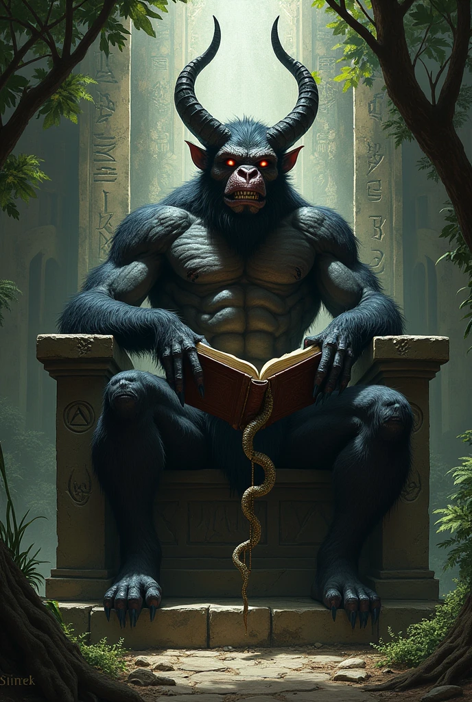 A hybrid creature with the body of a muscular ape and the head of Baphomet, with long, curved horns, bright red eyes and an enigmatic smile. The creature sits on a dark stone throne, with one hand resting on an ancient book and the other holding a snake-shaped scepter. The background is a mix of a dark jungle and an ancient temple, with hidden and mysterious symbols engraved on the walls.