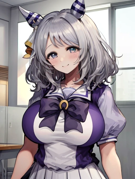 (((masterpiece))), ((Highest quality)), 1 person, One Woman, alone,Glowing Skin,(Bust Shot),hishi miracle, horse ears, hair ornament, horse tail, tracen school uniform, purple shirt, puffy short sleeves, white skirt, white thighhighs, Gray Hair,(Detailed Eyes), (((Very large breasts))),smile、blush,