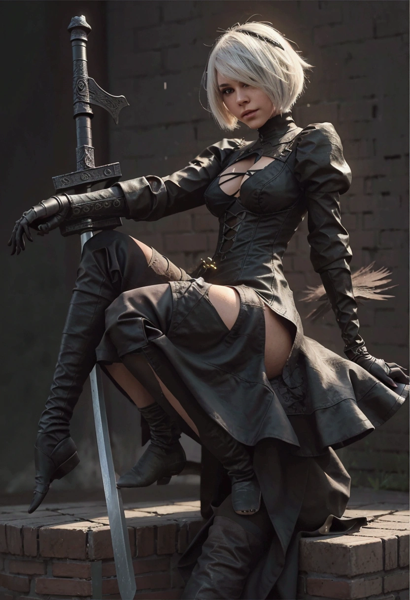 A woman in black clothes is sitting on a brick wall with a sword, 2b, 2b ..., 2B Nier Automata, Magnificent and elaborate character art, Nier Automata 2b, 2b ... from nier automata, Amazing character art, nier 2b ..., Jan J, Raymond Swanland&#39;s style, Dark fantasy art, Highly detailed art gems