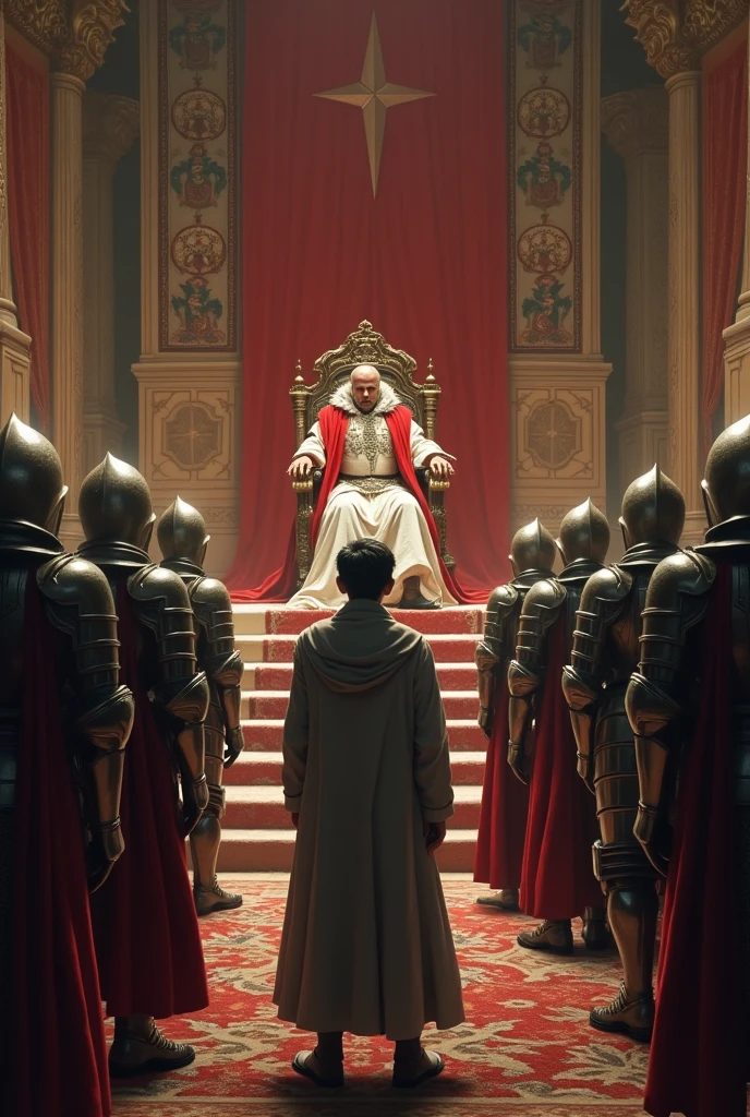 Scénario
Intérieur – Palais Royal – Salle du TrôneSnow se réveille dans un palais majestueux, entouré de chevaliers en armure. Un roi imposant est assis sur son trône, l'observant.Dialogues
Roi : "Bienvenue, héros invoqué. Nous avons besoin de toi pour sauver notre royaume du Roi-Démon."Snow : "Héros invoqué ? Je crois que je me suis trompé d’endroit."Roi : "Non, tu es celui que nous avons appelé. Nous avons vu en toi un grand potentiel. Acceptes-tu de nous aider ?"Snow : "Et qu'est-ce que j'y gagne, au juste ?"Roi : "Richesses, honneurs, et une place parmi les héros de légende."Snow (hésitant) : "Je… je ne suis pas sûr de vouloir ça. Il y a d'autres options ?"Roi (fronçant les sourcils) : "D'autres options ? Que veux-tu dire ?"Snow : "Eh bien… Peut-être que je pourrais, je ne sais pas, vivre une vie tranquille ailleurs ? J’ai un peu de mal à me projeter dans ce rôle de héros."Roi : "Ce n’est pas une option. Le royaume est en danger. Nous avons besoin de toi."Snow (pensant) : "Je ne suis pas fait pour ça. Je dois sortir de cet endroit."StoryboardVignette 1 : Snow se réveille dans la salle du trône, encore étourdi.Vignette 2 : Le roi parle avec autorité, Snow écoute avec méfiance.Vignette 3 : Gros plan sur Snow, exprimant ses doutes.