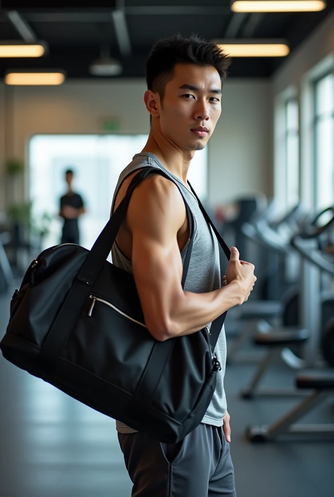 an asian holding black gym bag at the gym