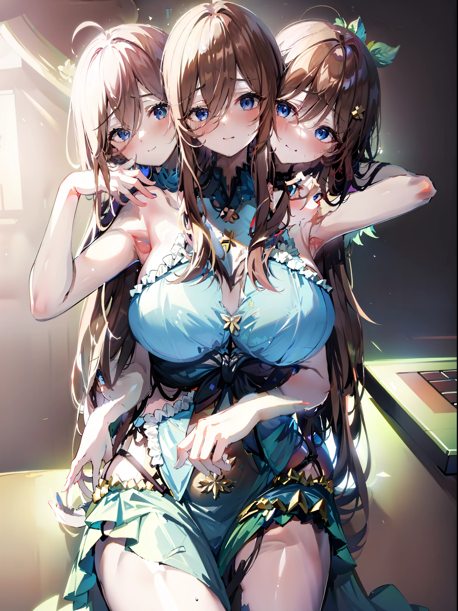 (Masterpiece, best quality), best resolution, (3 heads:1.5), 1 girl, Nakano Miku character, Bored, Headache, Hangover, In the pain, feel dizzy, brown hair, blue eyes, Close one eye, open mouth, Light blue T-shirt, Tan pants, Place your hand on your forehead, apartment kitchen,DSLR Photos, (8ก, 4K, Masterpiece),(Masterpiece, best quality), best resolution, (3 heads:1.5),Arms separated,arm circle, (Put your hands on your head...), (lower hand on ankle), (lower hand on leg), Full content in the frame, full body view, (four arms),(Multi-arm),(many hands), รูปร่างเพรียวบาง Masterpiece,best quality,best resolution,1 woman,many heads, upper body, smile, Facing the audience,big breasts,simple background,Beautiful face,Beautiful hair,beautiful eyes,beautiful body,Beautiful hands,conjoined twins