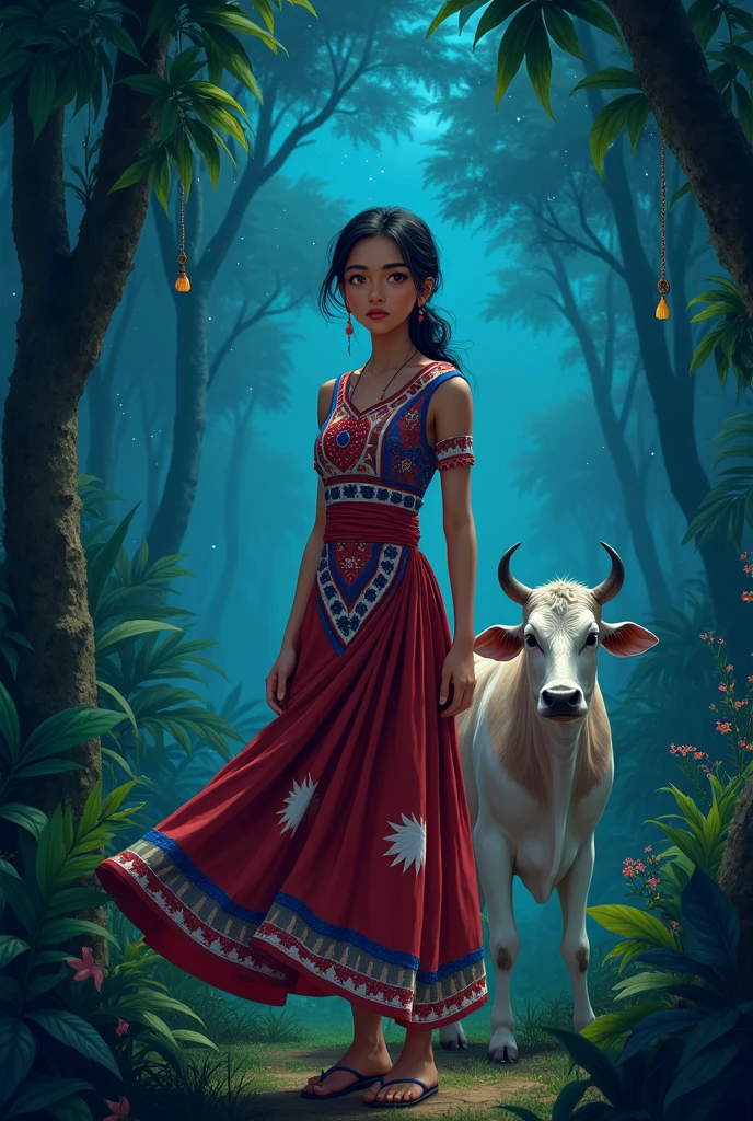 Girl wearing nepal flag dress in night at jungle with cow