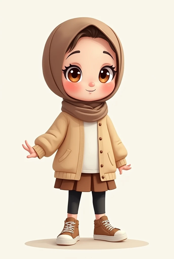 Cartoon with text:
(Masterpiece, best quality, 4k, expressive eyes, perfect face), cute and adorable girl, little cartoon girl, (beautiful face, detailed eyes), wearing brown hijab, (flat style,, hand drawn style, 2d style, Cartoon artstyle, toon style), (oversized beige cardigan, white shirt, brown skirt, black leggings, brown socks, air force sneakers), (full body view, funny pose)