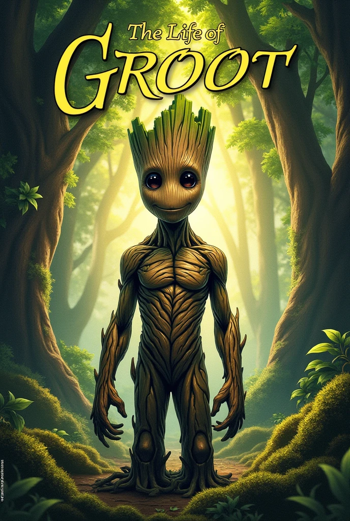 Made a complete book cover including front cover spine and back cover of book title the life of groot ..merge front cover and back cover