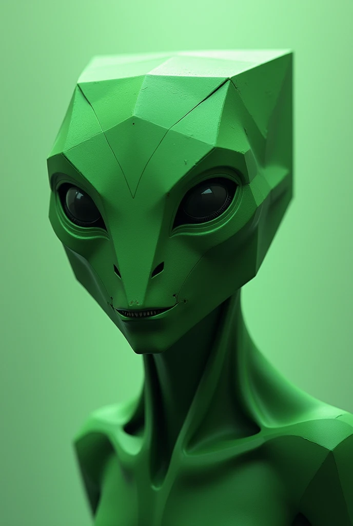 Alien green face no nose. Shape cube , squares type head shape. 