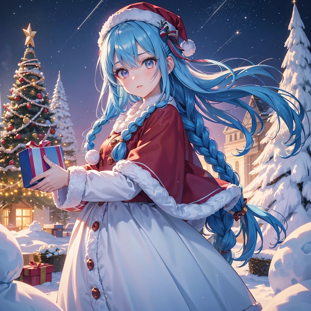 (Sky Blue Hair),((Braided Hair:1.2)),(Pink Eyes),(Fair Skin),(Full Body),(Alone),(Santa Claus Clothes),(Giant Christmas Tree in the Background),(Snowy Night),Sparkling Night Sky,snowman,gift box,(Masterpiece, Top Quality, Very Detailed, Best Shadows),(Detailed Background),(Beautifully Detailed Face),High Contrast,(Best Lighting, Very Delicate and Beautiful),((Cinematic Light)),Hyper Detail,8k,Dramatic Light,Exquisite Detail,