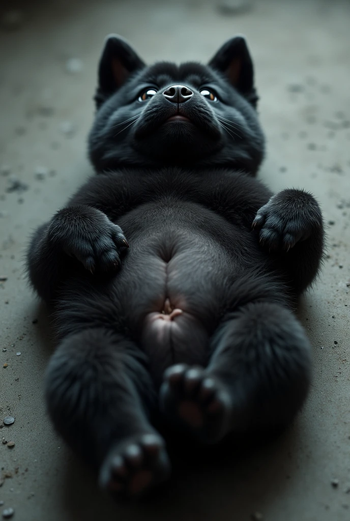 Black Akita puppy with a swollen abdomen in a position with his back against the floor and looking up