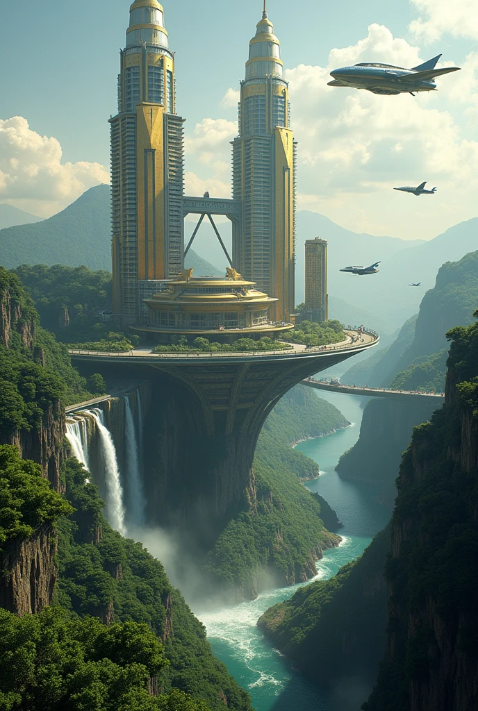 a futuristic city, there are twin towers of Kuala Lumpur on a floating island, there is a river and a waterfall on the island, the water falls down, below there is a thick forest and a river, there is a futuristic vehicle flying towards the city from various directions, polished gold, whimsical,epic scifi city outside of the multiverse, upper view