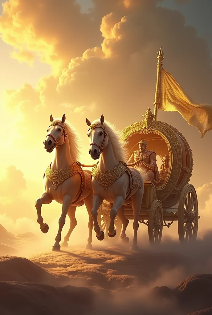 Create an image side view of a large, ornate golden chariot pulled by two horses without a charioteer.Each horse is muscular and adorned with intricate, royal harnesses. A large golden-white flag waves proudly from the chariot, its colors vibrant against the backdrop. The entire scene is bathed in a warm, divine glow, with the chariot appearing as if it's in motion across a celestial landscape