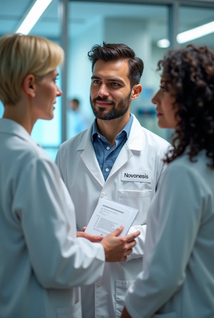 Three people are in the lab standing, all are wearing lab coats that is written Novonesis. One of them is early 60s woman, blonde short size hair and she is the auditor, holding documents, checklist in her hand. One auditee is at early white 30s man handsome with dark hair, beard and blue eyes, other auditte is middle early 40s white woman with mid sized dark curly hair, hair not binded. All three's faces are visible and look real people from pictures. They are in a company called Novonesis. They are talking to each other not looking at the camera. They look relaxed, not too serious.