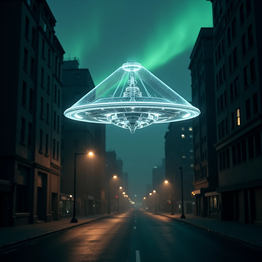 A transparent triangular UFO flying over a dark street and emitting an aurora borealis effect