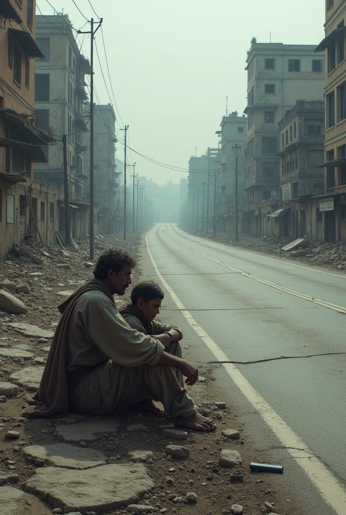 poor infrastructure in india with broken buildings cracked highways with 2 poor beggars sitting far away beside highway 