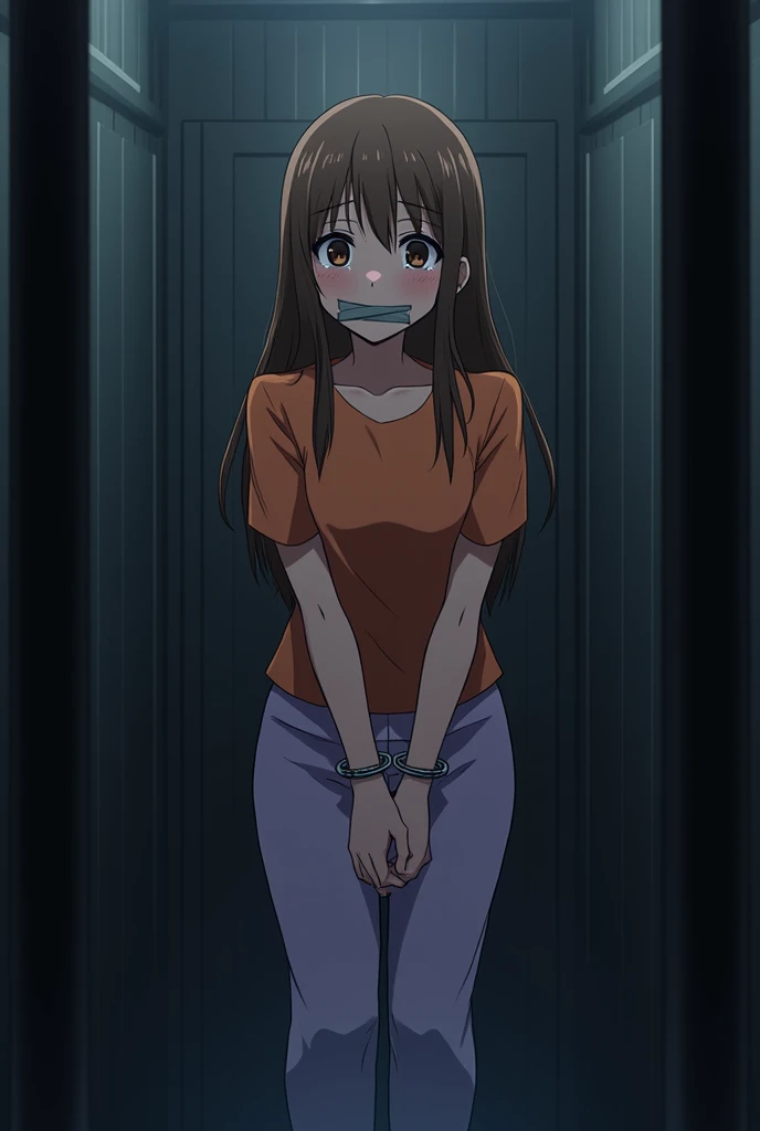 sekijou sawako, shibaribrown eyes, brown hair, long hair, orange t shirt, light violet pajama, best quality, ultra-detailed, high resolution, extremely detailed cg, unity 8k wallpaper, masterpiece, perfect body, anime picture, femsub, BDSM, small breasts, at night, standing, dark room, teary-eyed, tape gagged, duct tape, Sekijou Sawako, prison cell, arms behind back, handcuffed together behind her back, both legs closed, bracing