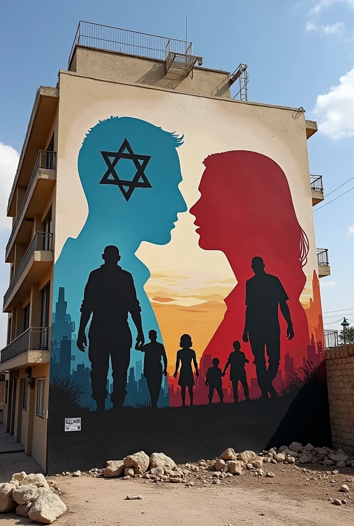 Give me an image from the Gaza-Israel war where Israel is posing as the victim while being the culprit for a mural