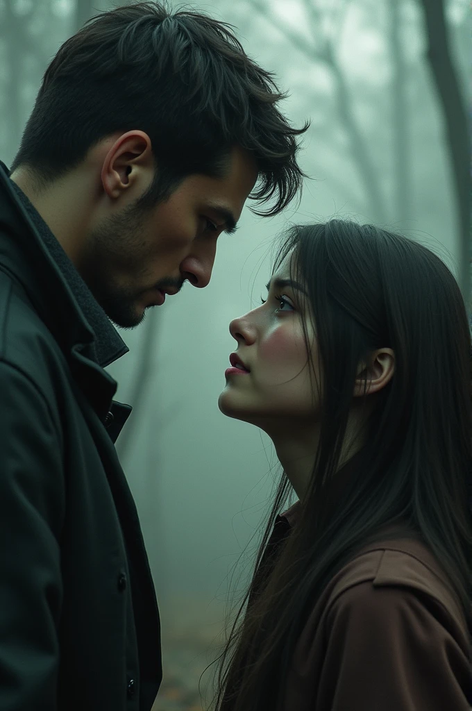 A girl looking up to a guy that she loves with pain in her eyes n the guy looking down at her with no feelings