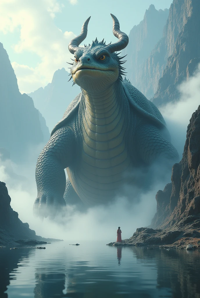Chinese mythology scene of a giant The xuanwu,head on, Chinese mythology, mountains, white smoke, clouds, water, Pixar, full body,3d render, oc render, cinematic shot,hyper realistic, divine cinematic edge lighting, Natural lightrealistic lighting and shading --ar 3:4 --niji 5