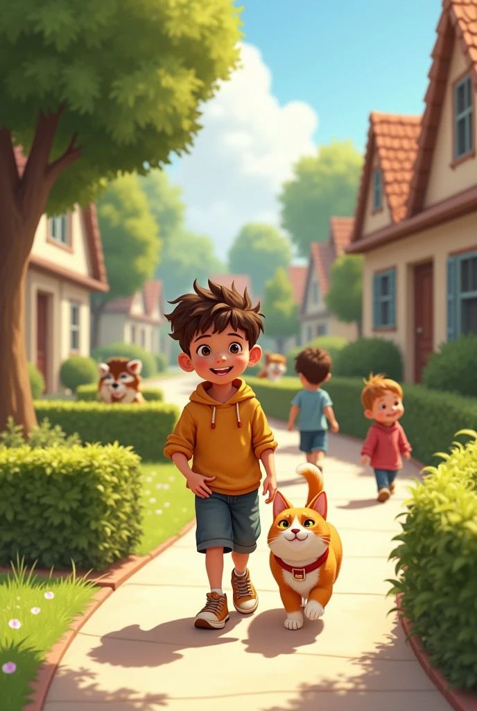 a boy with a cat going on a walk and him seeing other boys talking out a dog for a walk