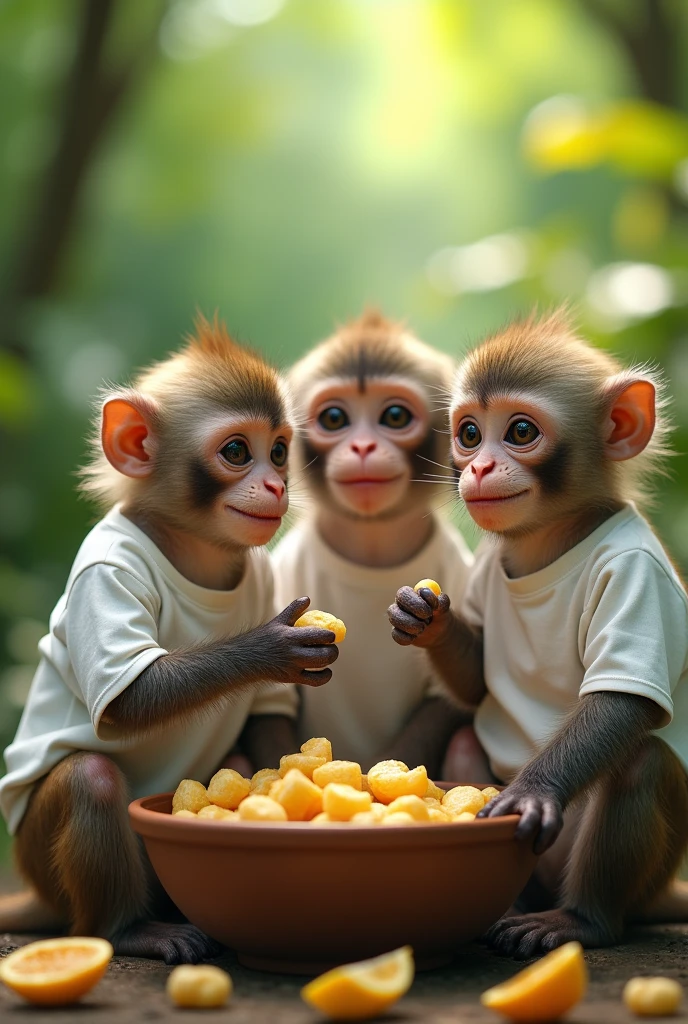 A close up shot picture of monkeys having a snack, wearing a plain white shirts
With a bowl of snacks in their front
With a forest background