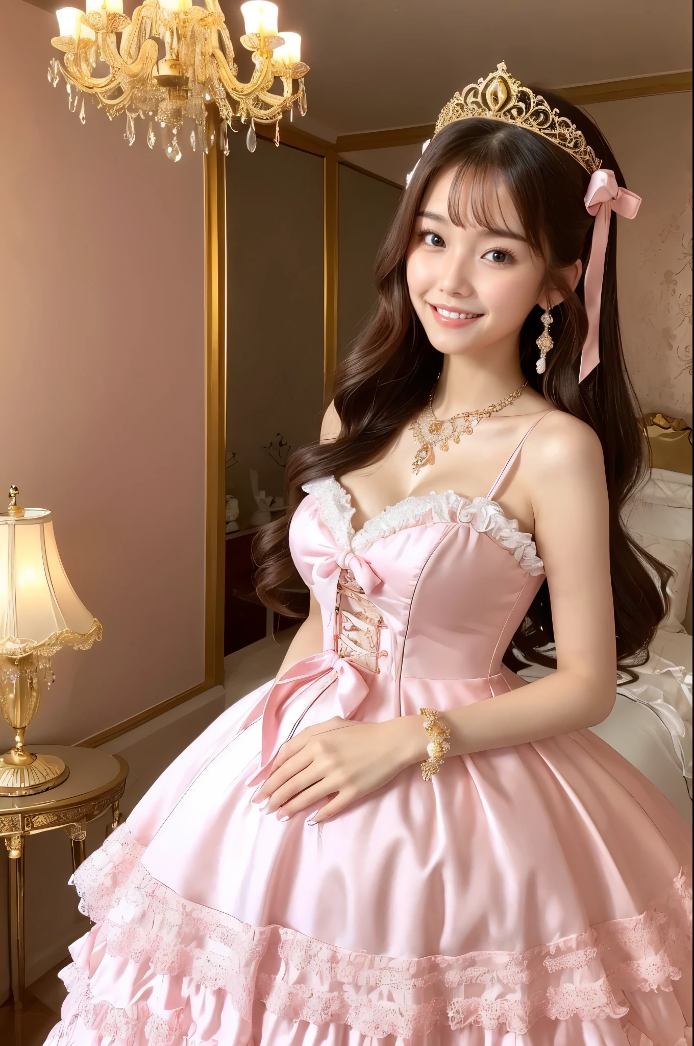 (highest quality、masterpiece、8k、best image quality、hyper realism、Award-winning work)、1 cute lolita princess、(solo:1.1)、(1 photo:1.1)、(A girly and cute high-end light pink Lolita princess dress:1.2)、(Cute big ribbon on the chest:1.1)、(The most extravagant and luxurious giant princess tiara:1.1)、(Huge jewellery:1.1)、(The most luxurious and finest huge princess jewelry necklace:1.1)、(A top-notch Lolita princess dress with intricate jewelry detailing:1.2)、(Very intricate and detailed lace decoration:1.1)、(A very intricate and elaborately decorated dress:1.1)、(The most extravagant Lolita princess dress with cute frills and ribbons:1.1)、(The most luxurious Lolita princess dress with lovely lace decoration:1.1)、(Cute girly lolita wavy hair:1.1)、(The finest, most beautiful and shining chandeliers:1.2)、(low length:1.1)、(Height: 140cm:1.1)、(very big breasts:1.2)、(cleavage:1.1)、(Cute heart symbol:1.1)、Lots of cute frills、emphasize body line、slender body、Standing gracefully、(The most luxurious and luxurious lolita princess room background in pink and white:1.1)、(Intricately detailed top-of-the-line pink, white and gold Lolita princess room:1.1)、(A luxurious princess room with the most extravagant and girly atmosphere:1.2)、(The most gorgeous and gorgeous pink Lolita princess room:1.2)、(very bright and vivid:1.4)、(Bright and shiny dress:1.2)、(A very bright and sparkling white and pink princess room:1.4)、(The most extravagant and highly decorated, luxurious walls:1.1)、A girl standing gracefully、accurate anatomy、perfect makeup、long eyelashes、glossy lips、Ultra high definition glossy skin、(Ultra-high definition bright and beautiful skin:1.3)、Ultra-high definition glossy lips、Super high definition beautiful teeth、Ultra HD beautiful light brown hair、(Huge belly in late pregnancy:1.2)、(Body facing straight ahead:1.1)