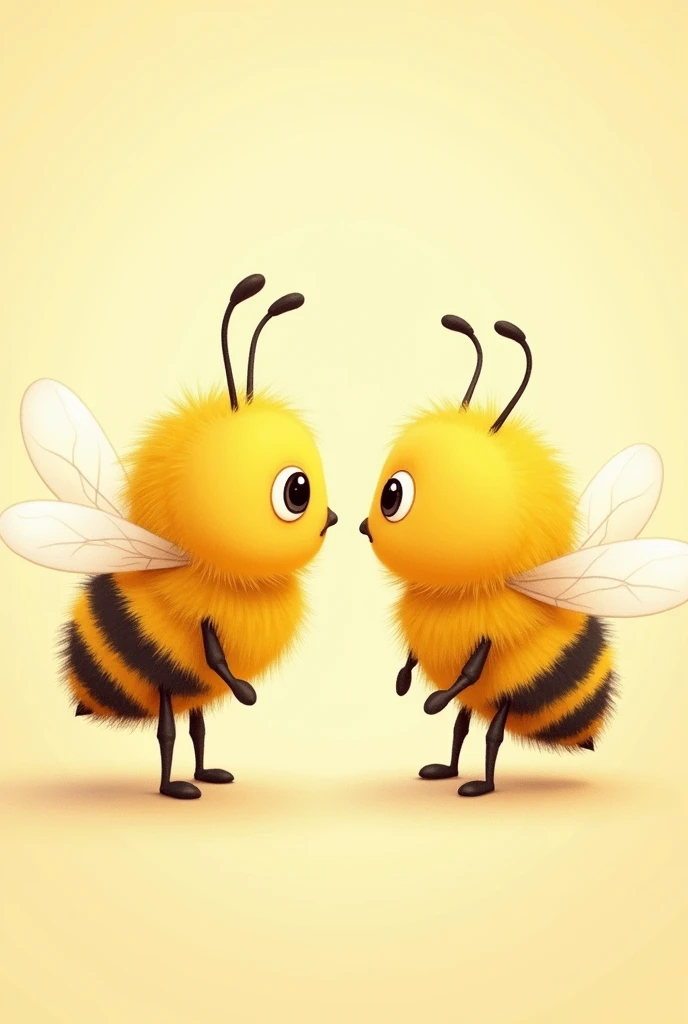 Create a picture of two cute yellow bees facing each other with all parts