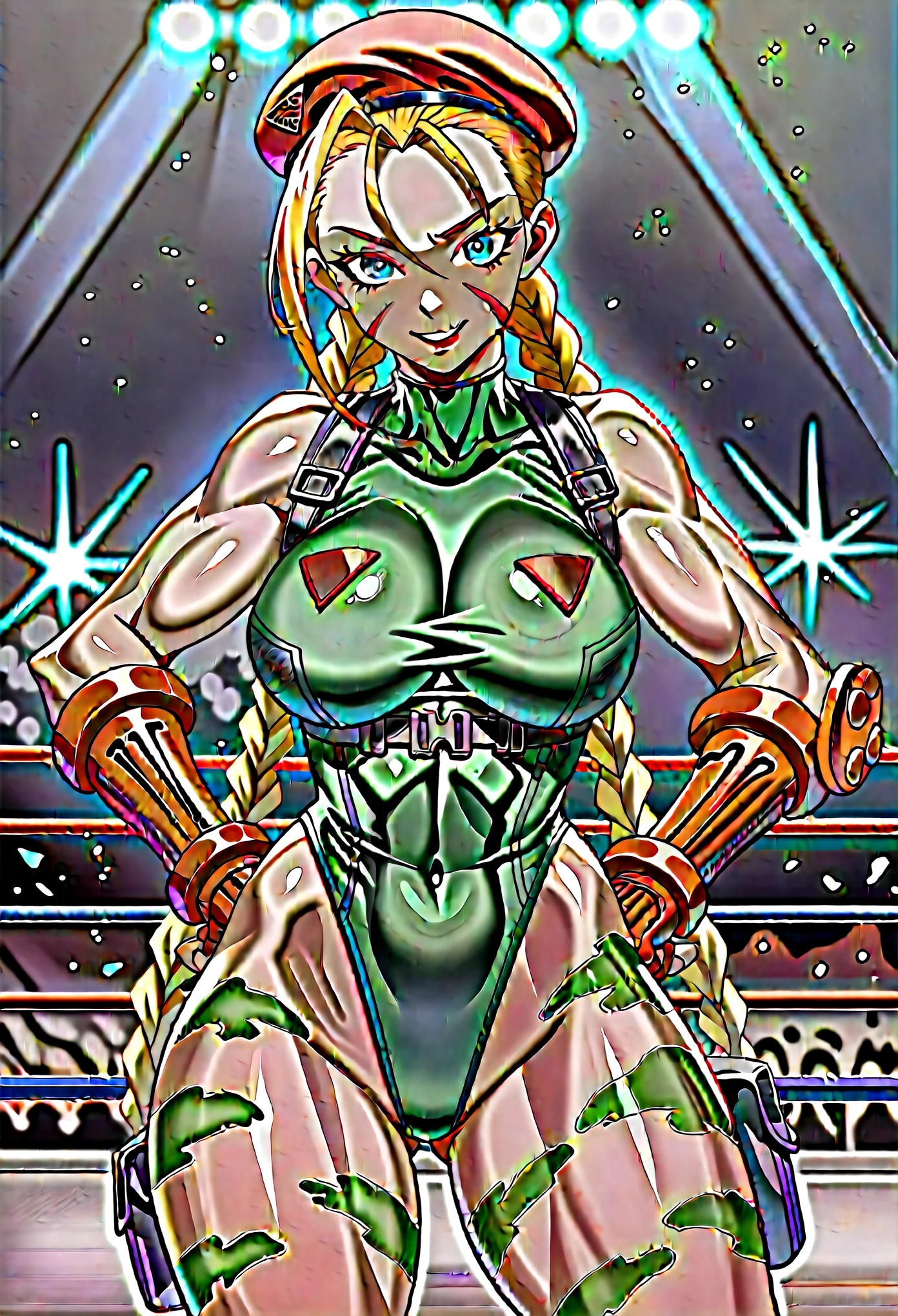 score_9, score_8_up, score_7_up, 1girl, solo,CammyWhiteSFXL, scar on cheek, blue eyes, blonde hair, long hair, twin braids, antenna hair, camouflage, red beret, large breasts, bare shoulders, green leotard, black harness, red gloves, fingerless gloves, standing, hands on hip, smiling, looking at you, fighting ring,