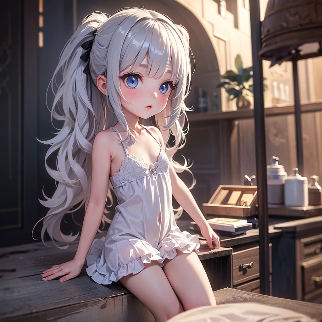 silver hair, dog ears, white dress,wavy hair,delicate features quiet gaze,beautiful half body illustration,beautiful backgraund,atmospheric lighting,sharp focus,vlumetric lighting,cute face,reduce saturation,fine detailed face,small nose and mouth,volumetric top lighting,bold line painting, soft shadow,((masterpiece, best quality)), (1girl), (solo), (female focus),small breasts,flat tits,Lolita,short height,skinny girl,blue eyes,open legs,animal ears,
