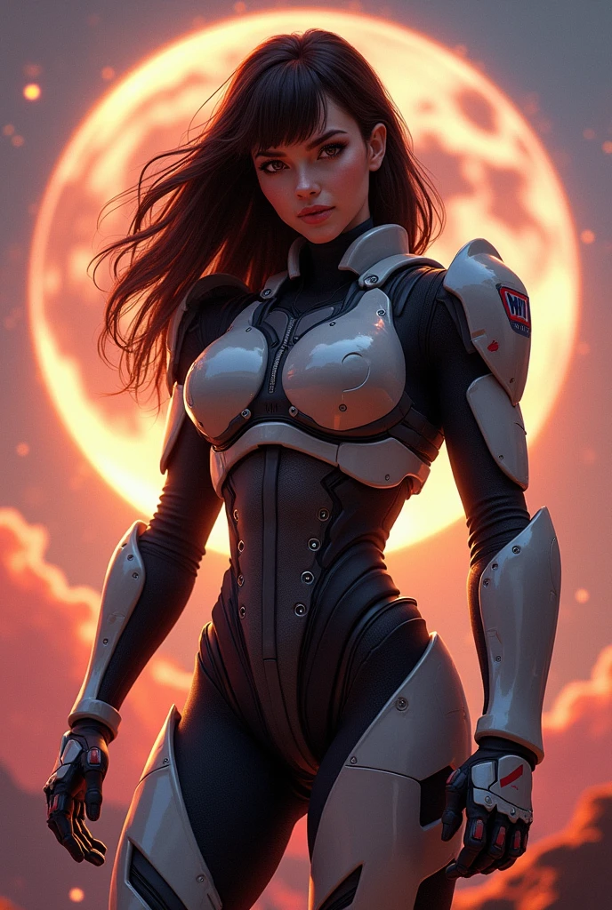 Beautiful woman with bangs, wearing Commander Shepard's N7 armor, from the game Mass Effect, Pixar style, with many details, a planet in the background, full body, heroic and epic pose