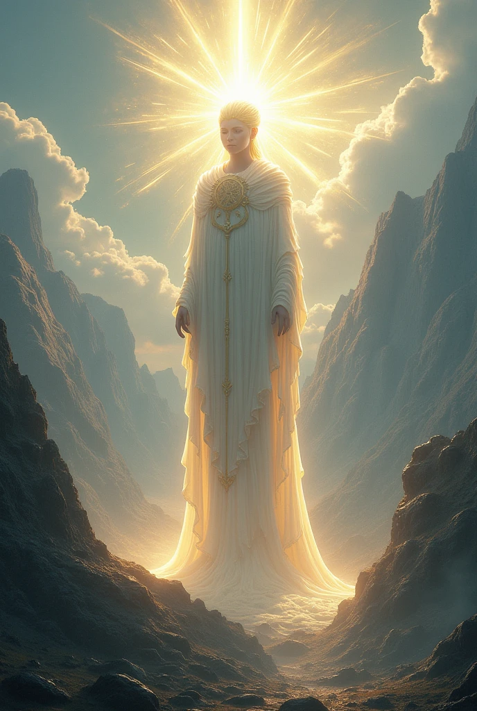 tall figure, divine,AND TRANSMITTING LIGHT AND LOVE TO MANY PEOPLE IN LARGE MOUNTAINS 