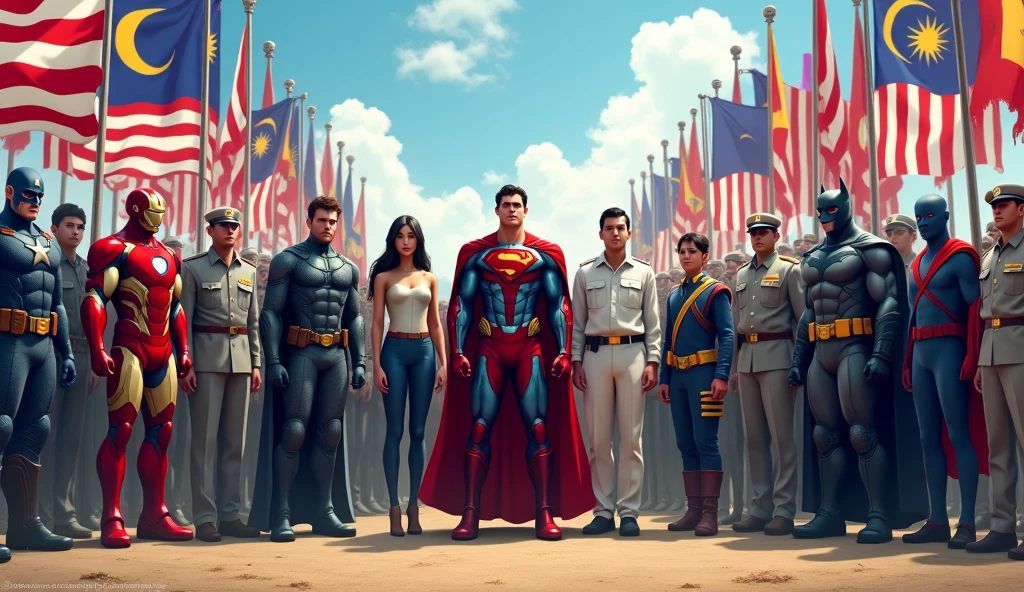 The Avengers, Superman, Batman, Naruto, Gaara, Mat Kilau, military retirees standing in the middle of the field holding the Malaysian flag surrounded by flags to celebrate Malaysia's independence day