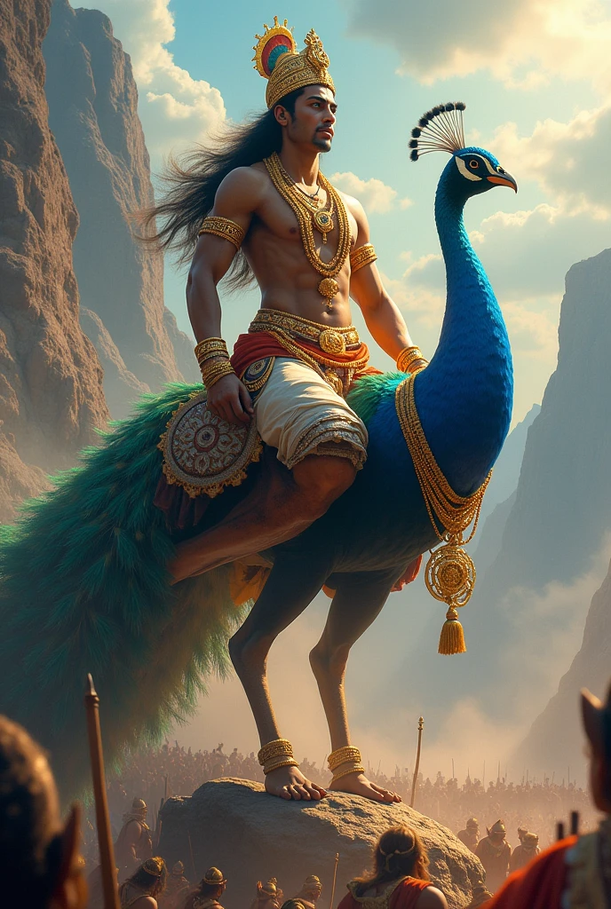 Imagine a majestic depiction of Lord Murugan, the revered Hindu deity, gracefully seated on his divine peacock. The scene is set against a dramatic backdrop of towering mountains, with vibrant colors and intricate details that enhance the sense of grandeur. The peacock’s feathers shimmer in the sunlight, and Lord Murugan, adorned in resplendent attire, stands as a symbol of valor and wisdom. Cutie child face
In the foreground, a fierce battle unfolds, capturing the divine warrior’s role in protecting and guiding. The chaos of the war contrasts with the serene and powerful presence of Lord Murugan, emphasizing his role as both protector and leader in the celestial realm. The overall composition combines beauty and intensity, reflecting the divine drama of this celestial