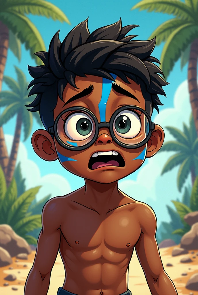 A dark-skinned boy with blue lines on his face and round glasses, with a fearful but enthusiastic expression,wearing loincloth , with a cartoon art style,comic