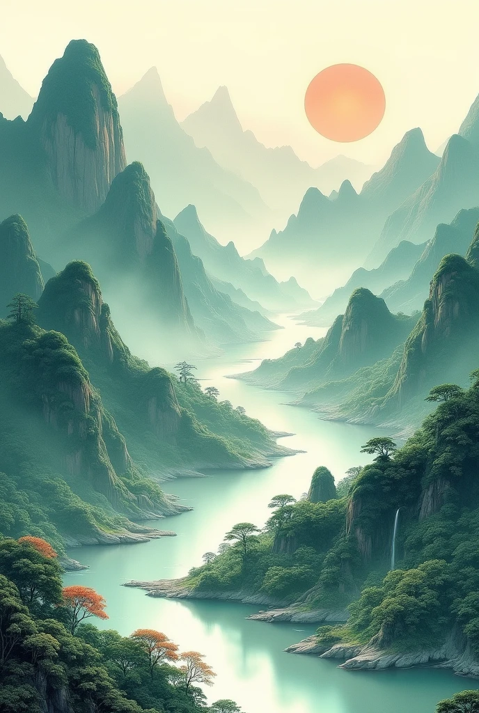 Chinese landscape painting,Mountains,Describe the green mountains and rivers,Beautiful view of flowing water,16:9, HD,