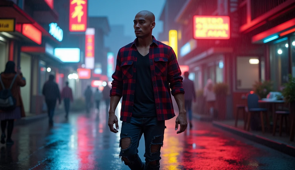 Hyper realistic, a 2 Indonesia man walking on the neon cyberpunk street, ideal body, look straight ahead, wearing dark red flannel shirt and dark ripped jeans pants and black hiking hi-shoes with bald head, masculine photoshoot pose, arrogant man expression, romantic, raining Bandung night town as background. Use soft photography lighting. top lighting. top lighting, slide lighting, high quality photos, UHD, 64k. shot with Canon EOS 5D Mark IV, cinematic portrait, Realistic face, not changing face, no mustache, Real photo, unchanging face, background change. Real Picture 8k ultra, man, gamer, hyper detailed, sharp focus, studio photo, intricate details, highly detailed, photo real, bright colors, digital graphics, unreal engine, blender art, perfect composition, octane rendering, masterpiece, sharp focus, high detail, art station, concept art, perfect composition, a model of ultra-high quality and clarity, perfect play of light and shadow, 32k UHD, hyper-detailing, complex artistic masterpiece, ((best quality)), ((masterpiece)), (detailed), perfect face, 64K