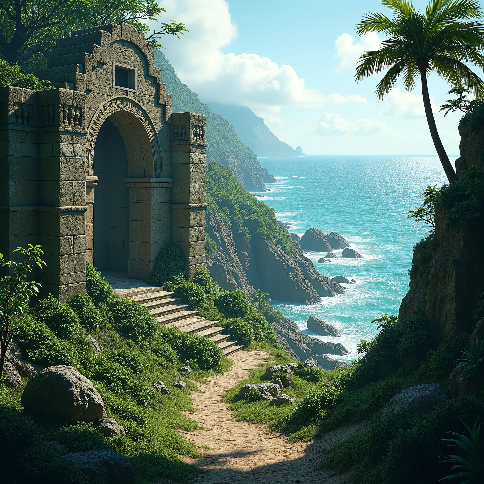On the edge of the jungle beside the seashore lie mysterious, desolate ruins of unfamiliar design.