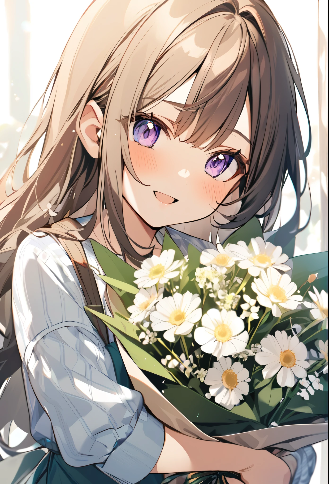 One girl, Casual clothing, hand over a bouquet