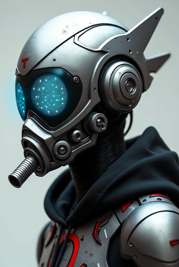 1 man shoot half body. Full body shoot. , silver motorcycle helmet, snorkeling mask, portrait halfbody shoot. Silver two pipe tube from mouth to head. Future design.. high tech. Wear google safety eyes glowing blue. The tube connect from head to mouth. Future headphone design blue led light detail. Starlord helmet design concepts. Very detail . High tech costume. Marvel. T shape on the helmet. Small scratches on the helmet. The blue visor honeycomb style concept. T shape spoiler antenna on the helmet, nose and mouth covered by mask metal. Wear cyberpunk hoodie spike shape red stripe. .