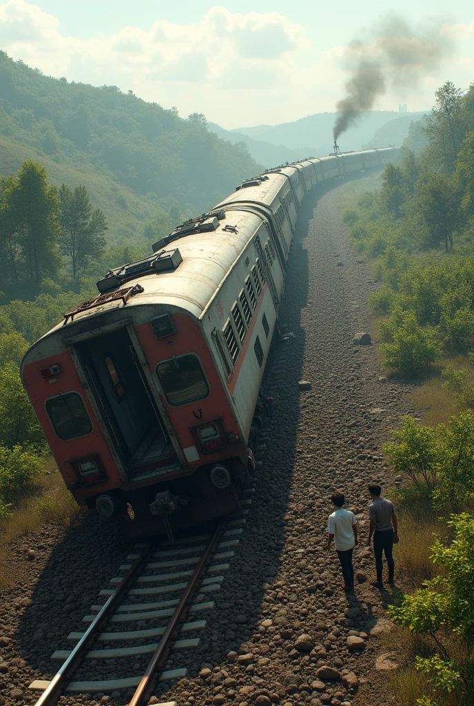 (photorealism:1.2),Indian train derailment , realistic, intricate details , broad area , 