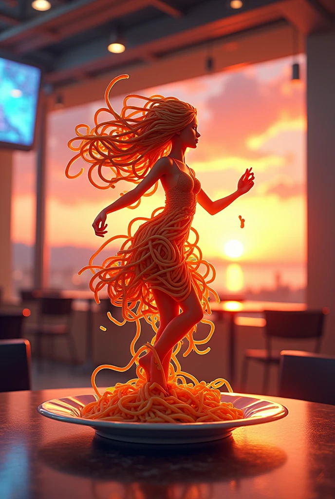 Noodles make a noodles girl with danceing placed on a plate on the table, it is a cyberpunk restaurant, it is sunset time.